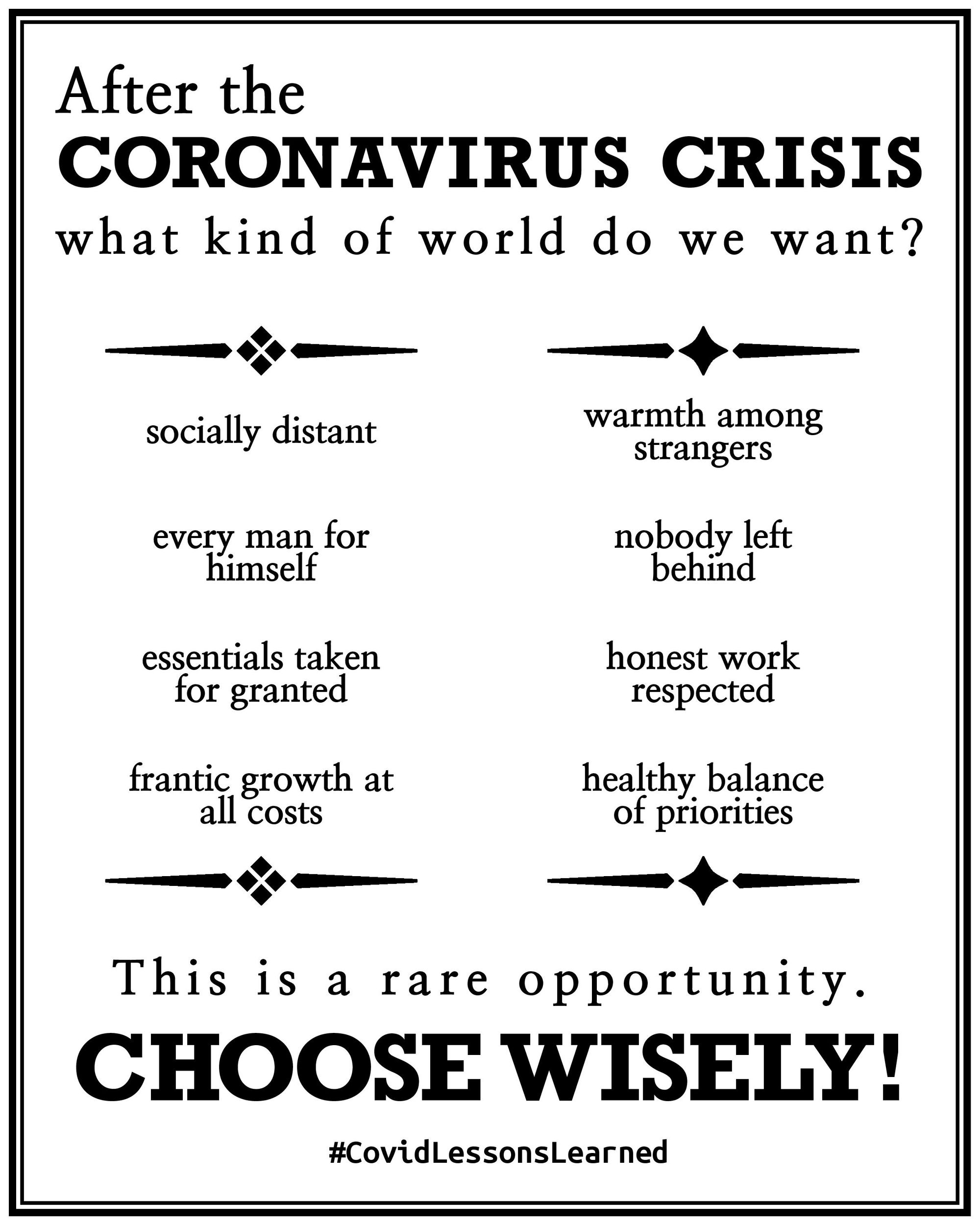 a poster that reads: “After the coronavirus crisis what kind of world do we want? Socially distant or warmth among strangers? Every man for himself or nobody left behind? Essentials taken for granted or honest work respected? Frantic growth at all costs or healthy balance of priorities? This is a rare opportunity. Choose wisely!”"