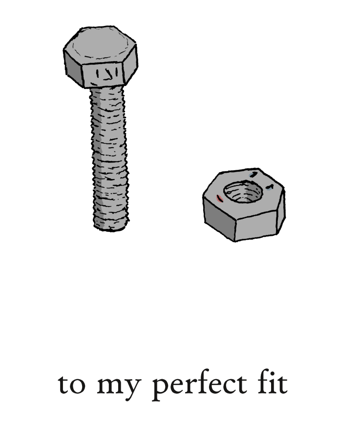 anthropomorphic bolt and nut with caption “to my perfect fit”